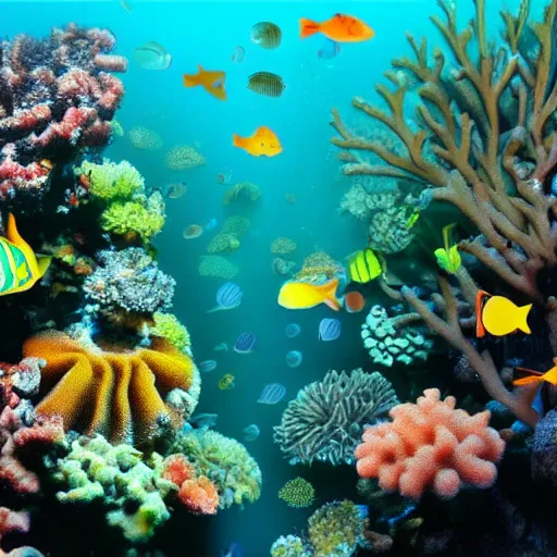 Prompt: a realistic photo of a coral reef by the point of view of a fish. How a fish sees the world. The perception of a fish.