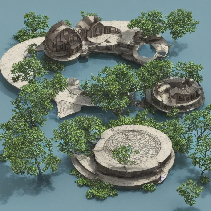 Image similar to architectural model, isometric view, 3 d render, studio lighting, low contrast, dark background, highly detailed, a circular house with circular courtyards floating on water at the sloping edge of a lake, tree