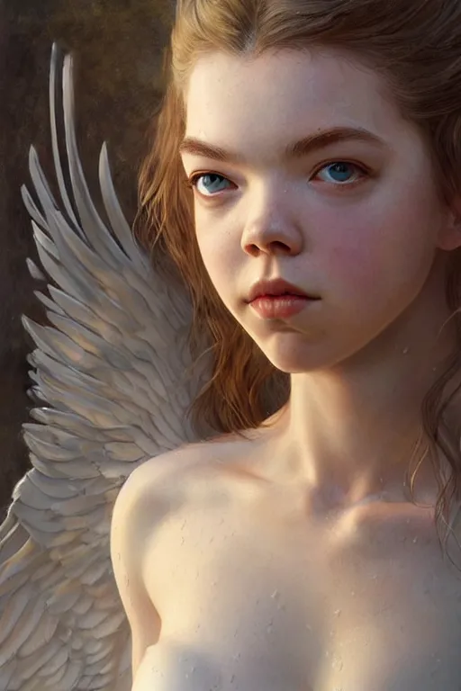Image similar to anya taylor - joy as a heavenly angel, anatomy, bathing in light, highly detailed, photorealistic, artstation, smooth, sharp focus, illustration, unreal engine 5, 8 k, art by art by artgerm and greg rutkowski and edgar maxence
