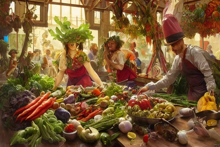 Image similar to vegetables parade on a cutting board in the kitchen, digital art, realistic, anthropomorphic, highly detailed, cinematic, matte painting, vivid colors, realistic, epic lighting, by greg rutkowski and artgerm and alphonse mucha