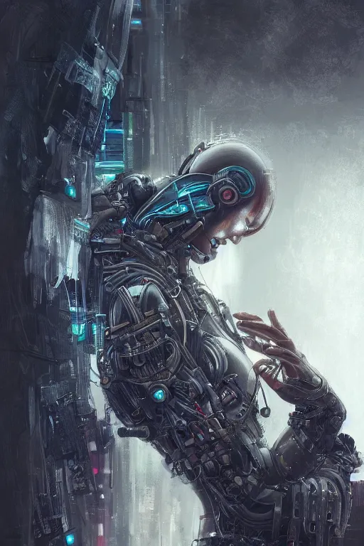 Image similar to ultrarealistic illustration priest cyborg praying, cyberpunk, sci-fi fantasy, intricate, elegant, highly detailed, digital painting, artstation, concept art