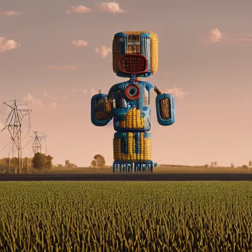 Prompt: a tall bipedal machine standing in the middle of a corn field, blue sky with fluffy clouds, hyper - detailed, simon stalenhag, tales from the loop, 3 d render