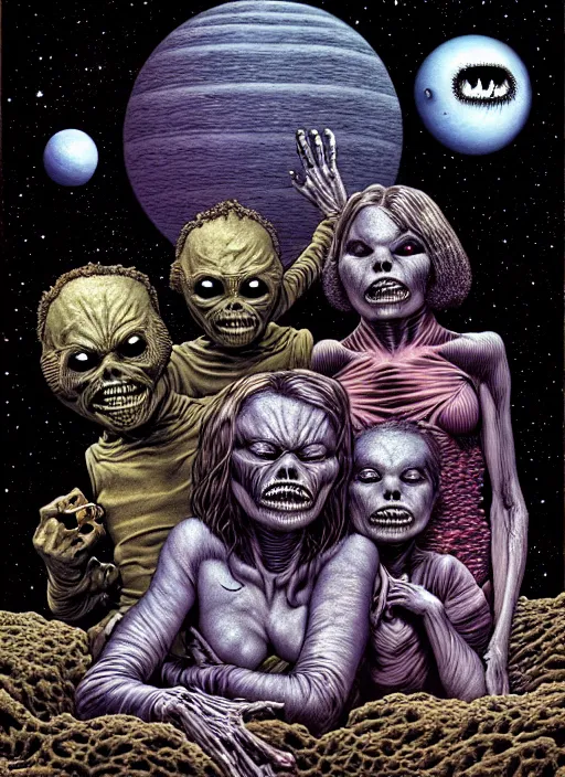 Prompt: detailed image of a creepy family in the deep space by richard corben, rich deep colors. masterpiece . intricate artwork, cinematic, hyper realism, high detail, unreal engine, 8k, Smooth gradients, High contrast, depth of field, fishes eye. full body character drawing, clean ink detailed line drawing, intricate detail, extremely detailed.