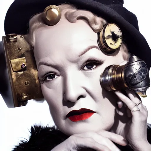 Prompt: portrait still of a young marlene dietrich wearing steampunk goggles, photorealistic, 4 k, octane render, by wayne barlow, alphonse michael,