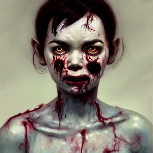 Image similar to head portrait of fresh faced young bjork as a zombie, 7 days to die zombie, gritty background, fine art, award winning, intricate, elegant, sharp focus, cinematic lighting, digital painting, 8 k concept art, art by michael hussar, art by brom, art by guweiz and z. w. gu, 8 k