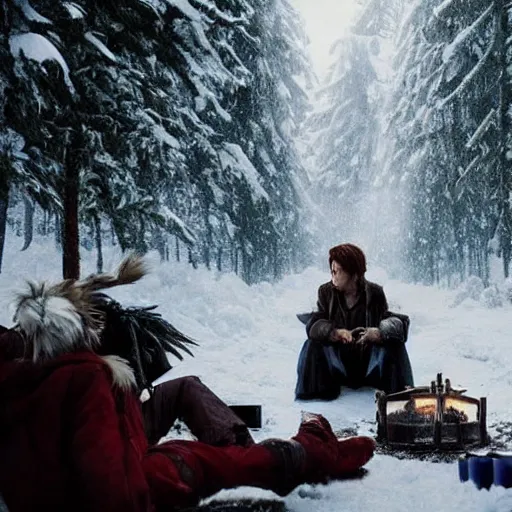 Prompt: a movie still from final fantasy live action, a traveler alone by the campfire in the sno, dieselpunk w