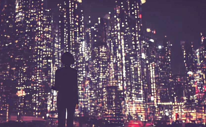 Image similar to a wide shot of a woman with a wool suit, short hair, blurred face, wearing an omega speedmaster on her wrist in front of a crowded dystopian city at night with cyberpunk lights