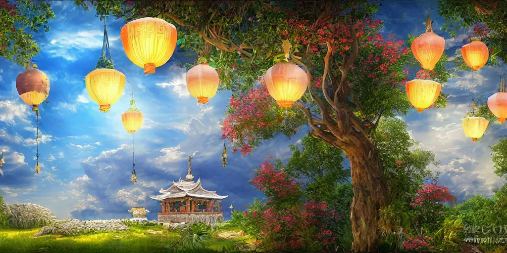 Image similar to wind god enjoying the view from his stone heavenly palace, decorated with windchimes and paper lanterns, nature, clouds and other palaces in background, digital art