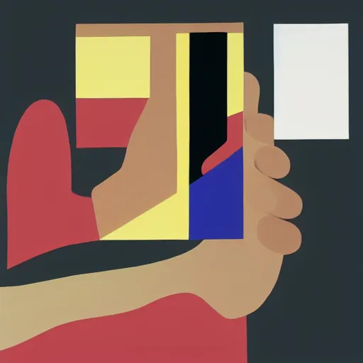 Image similar to A painting of a phone in a persons hand, abstract painting in the style of Sophie Taeuber-Arp and Gary Hume and Tatsuro Kiuchi, flat colour-block style, geometric abstraction, dark earthy colours