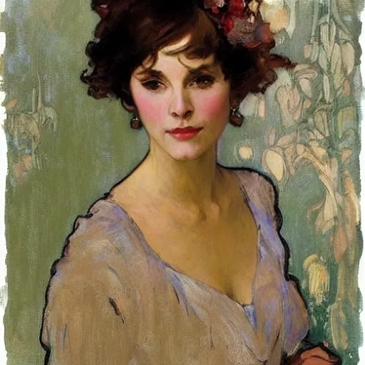 Image similar to portrait of a beautiful woman by gil elvgen, greg manchess, mucha