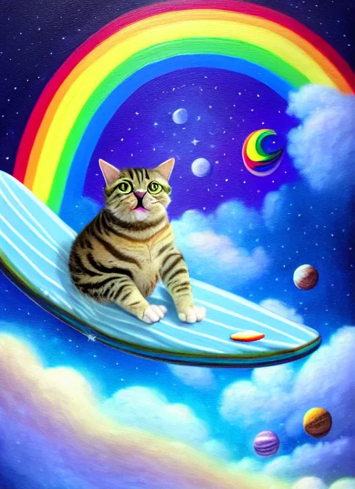 Prompt: a chubby tabby cat surfing on a rainbow in outer space, diffuse lighting, fantasy, intricate, surrealism!!!!, highly detailed, lifelike, photorealistic, digital painting, artstation, illustration, concept art, smooth, sharp focus,