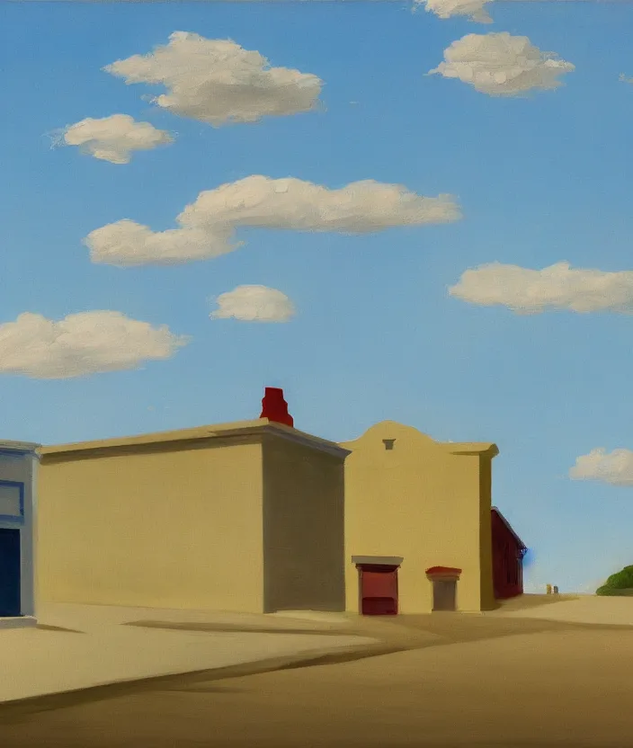 Image similar to a painting of a blue sky with aesthetic clouds, very fine brush strokes, in the style of edward hopper, 4 k,