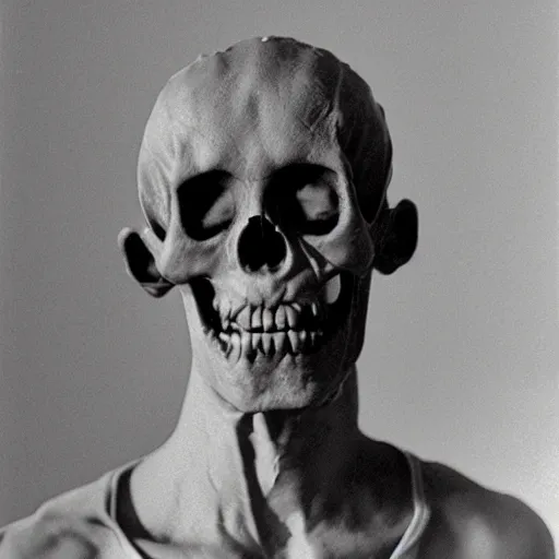 Image similar to crooked teeth, black eyes, gaping mouth, alien looking, skull like, big forehead, horrifying, killer, creepy, dead, monster, tall, incredibly skinny, open mouth, deathly, old photo, turning yellow