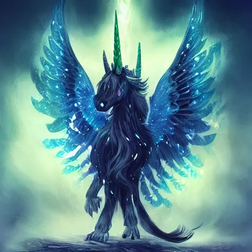Prompt: black unicorn with glowing blue eyes and big eagle wings standing on its hind legs, magical, sparkles, soft glow, fantasy, ethereal, nighttime forest, trending on artstation