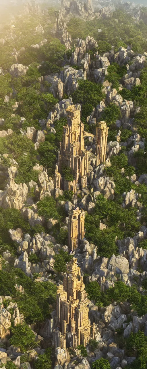 Image similar to single tower, golden babylon tower, beight stone, sacred ancient architecture, hanging gardens, cascading highrise, arid mountains with lush palm forest, sunlight, post - production, octane, cgi, sfx