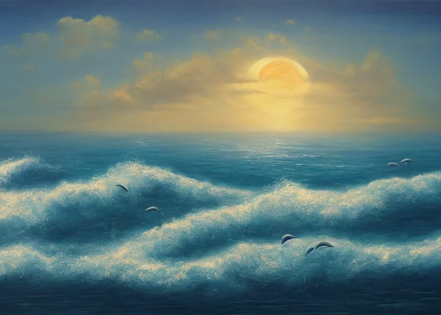 Image similar to beautiful ocean in moonlight, dolphins jumping out of the water, oil painting