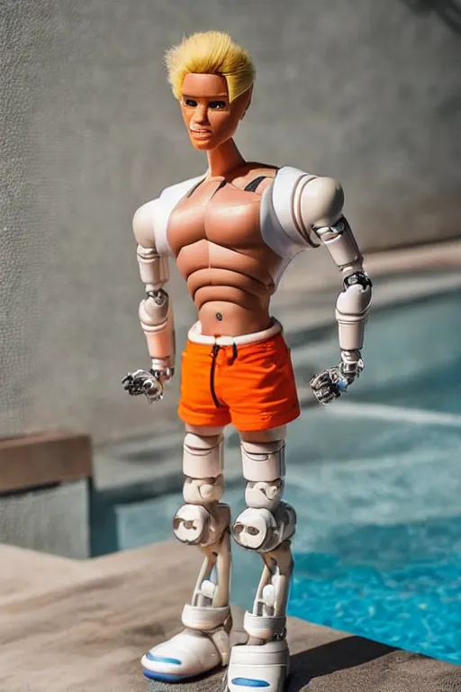 Image similar to a handsome robot bodybuilder with blonde hair who is also a male android, ken doll, muscular, wearing a cut-off white crop top and short light orange shorts stands by a swimming pool, shiny skin, robotic