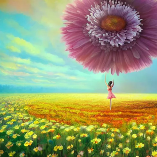 Image similar to giant daisy flower as head, girl ballet dancing in a flower field, surreal photography, sunrise, dramatic light, impressionist painting, colorful clouds, digital painting, artstation, simon stalenhag