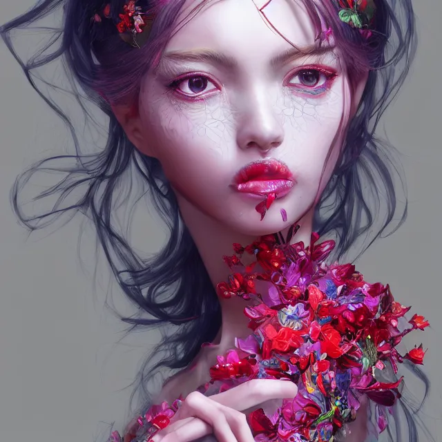 Image similar to studio portrait absurdly beautiful, elegant, lovely, young hypercolorful sensual anime woman rubies red petals gems, ultrafine hyperrealistic detailed face illustration by kim jung gi, irakli nadar, intricate linework, sharp focus, bright colors, matte, octopath traveler, final fantasy, unreal engine highly rendered, global illumination, radiant light, intricate rainbow environment