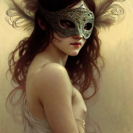 Prompt: Girl wearing an intricate mask made of delicate feathers, face, detailed, elegant, highly detailed, digital painting, artstation, concept art, smooth, sharp focus, illustration, art by Krenz Cushart and Artem Demura and alphonse mucha