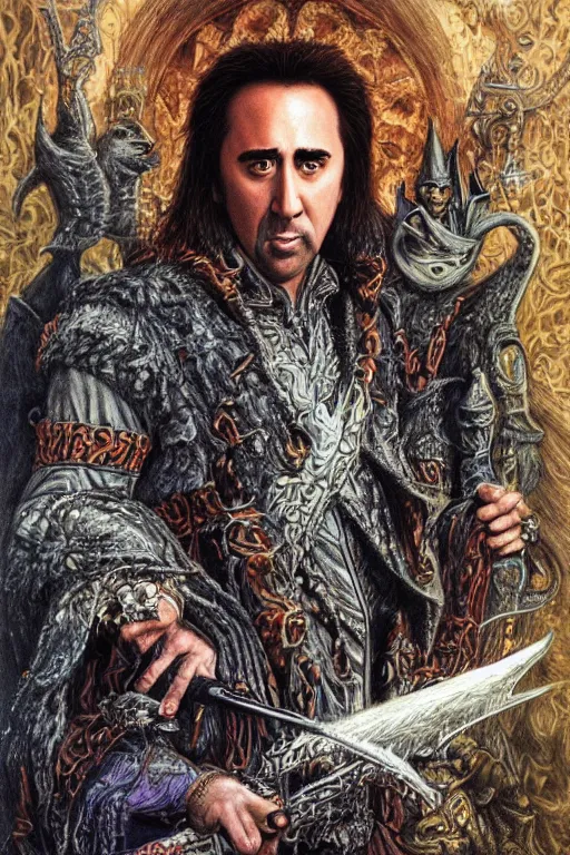 Image similar to portrait of Nicolas Cage as wizard, fantasy, intricate, highly detailed, illustration by ken kelly