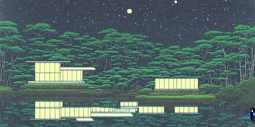 Image similar to painting by Hasui Kawase, atmospheric cozy futuristic organic white concrete house in the middle of a lush and dense forest at night, a beautiful lake next to it, night time, night sky, starry night sky, by Hasui Kawase