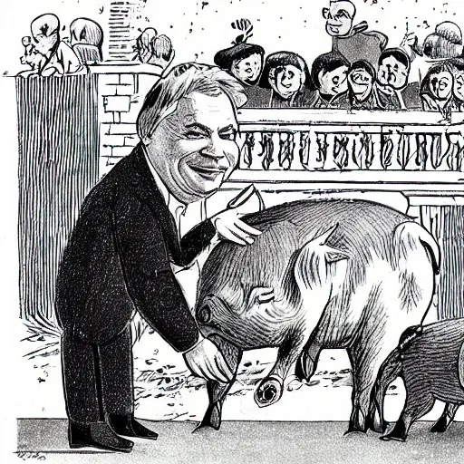 Image similar to pig slaughter with hungarian prime minister viktor orban, highly detailed children book illustration from 1 9 7 0