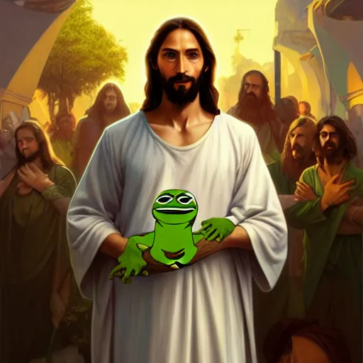 Image similar to jesus holds a pepe frog character, highly detailed, digital painting, artstation, concept art, wallpaper, smooth, sharp focus, illustration, art by and artgerm and greg rutkowski and alphonse mucha