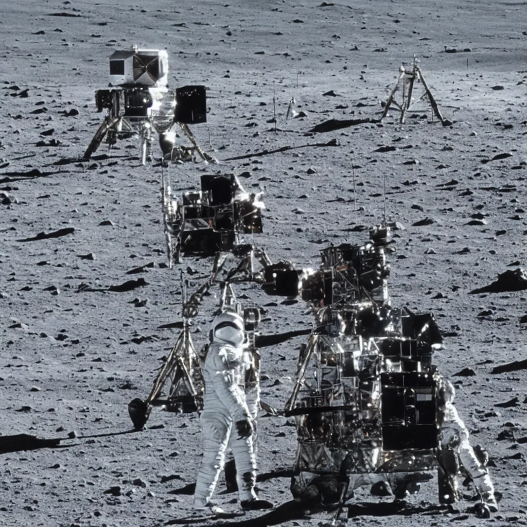 Prompt: a 1960s photo of Stanley Kubrick on a movie set of the moon surface next to the eagle lander, 8K HD, old photo, highly detailed