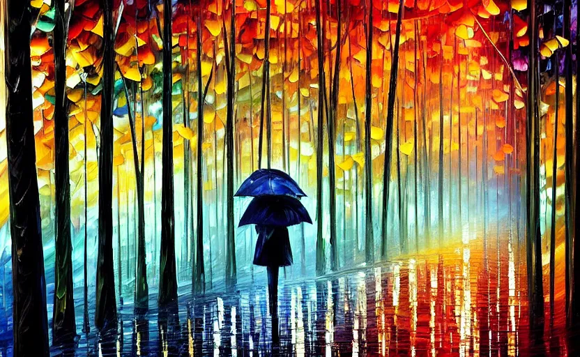 Image similar to walking through a gloomy forest in the rain at night by leonid afremov, oil painting!!!, intricate details!!!, fine brush!!!!!!