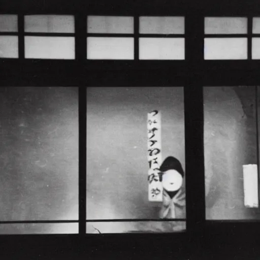 Prompt: vintage photograph of a ghost spotted inside a Japanese tea house, view from the street, nighttime