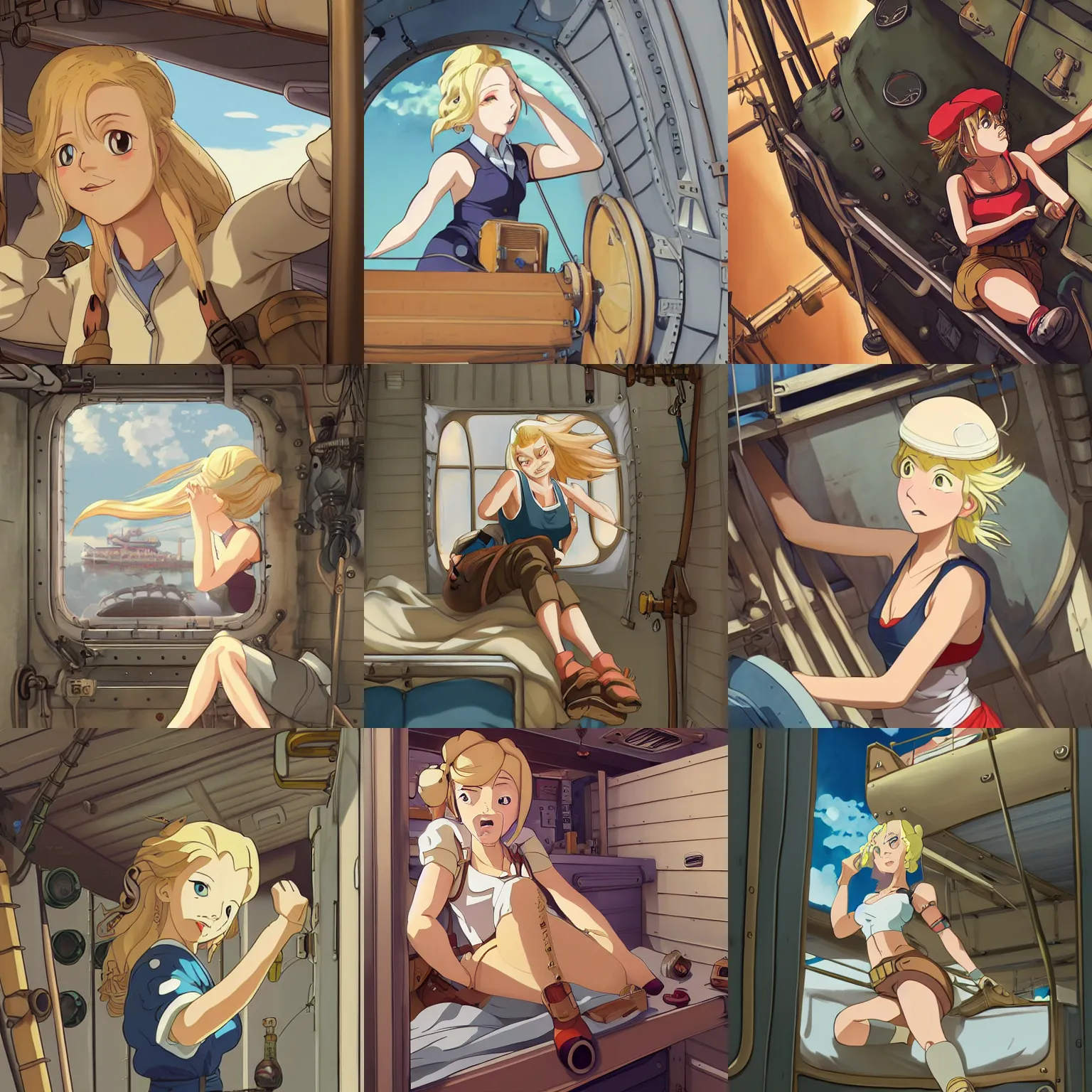 Prompt: Character portrait of a tank top-clad blonde female airship mechanic stretching and yawning in her cramped bunk, steampunk, beautiful face, large eyes, highly detailed, cel shading, Studio Ghibli still, by Makoto Shinkai