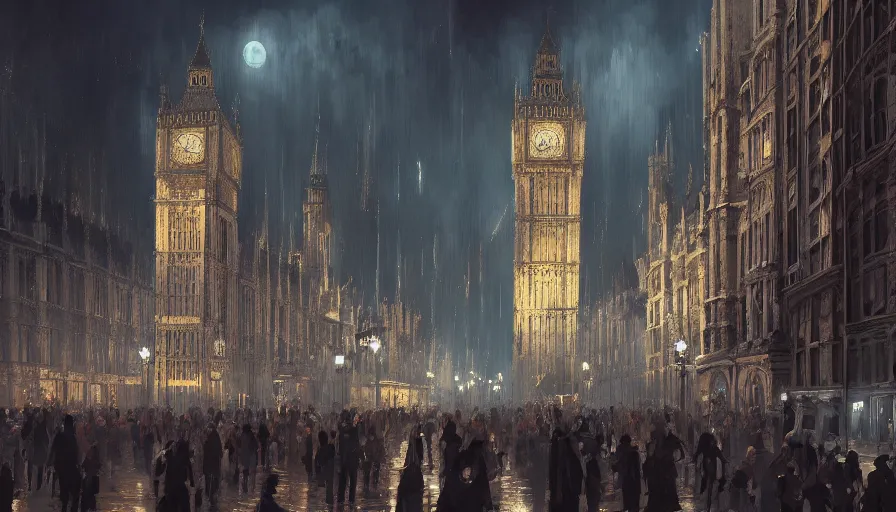 Image similar to neo - gothic london's with crowded place, night, hyperdetailed, artstation, cgsociety, 8 k