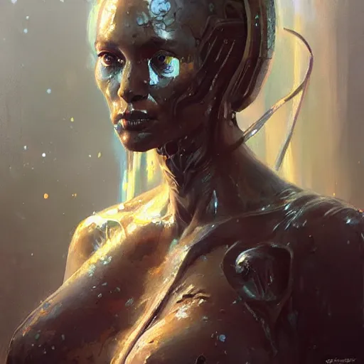 Image similar to a hyperrealistic acrylic painting of a beautiful alien priestess by Greg Rutkowski and WLOP.