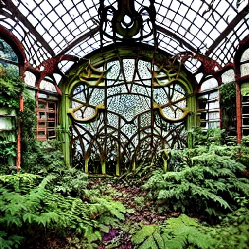 Image similar to abandoned overgrown art nouveau winter garden, epic details