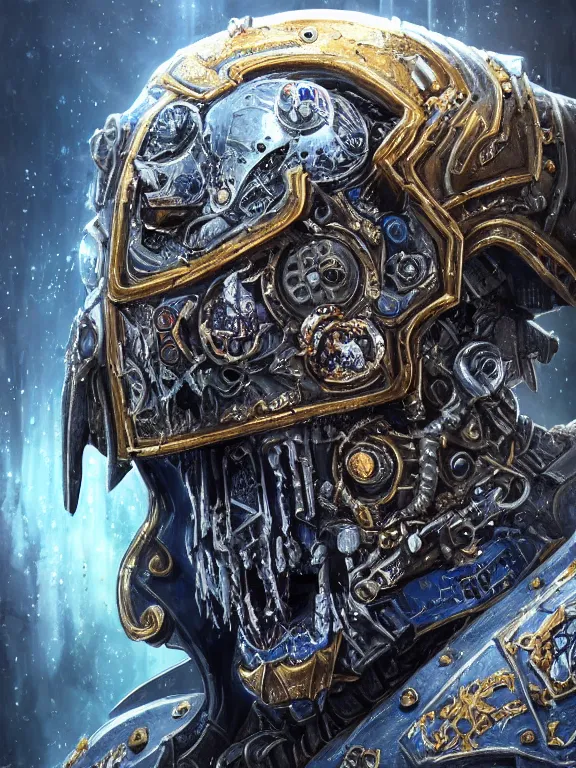 Image similar to portrait art of 8k ultra realistic undead space marine lich king, ornate intricate smashed galaxy helmet , detailed intricate ornate armour,blade runner, cybernetic, full of colour, cinematic lighting, battered, trending on artstation, 4k, hyperrealistic, focused, extreme details,unreal engine 5, cinematic, masterpiece, art by ayami kojima, giger