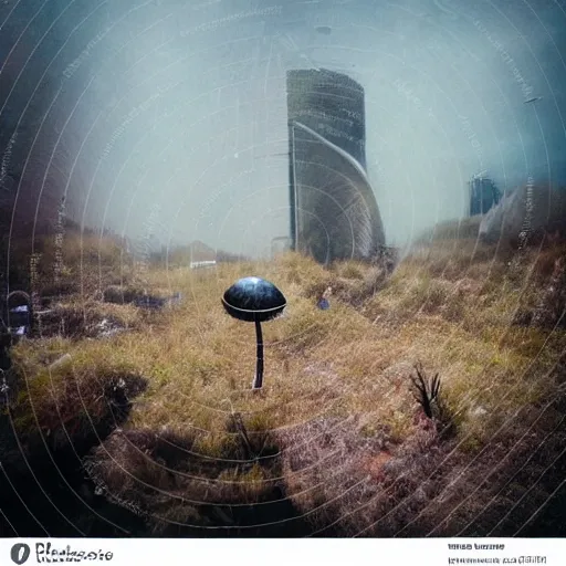 Image similar to beautiful dystopian deserted overgrown city mushroom people surviving