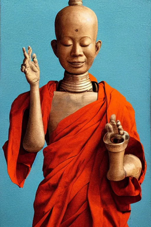 Image similar to realistic baroque oil portrait of a robot as a buddhist monk