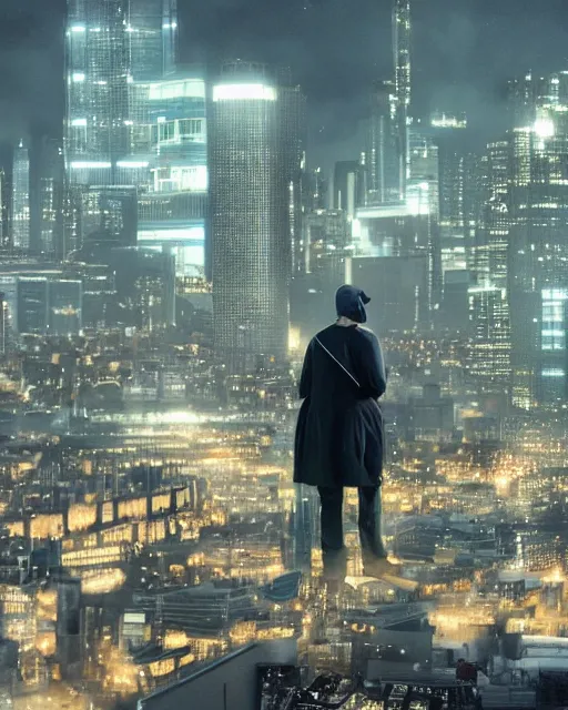 Prompt: a night rooftop scene, light from traffic in the city below, close up shot of a photorealistic gangster wearing a trench coat looking at the city below, unreal engine, hyper realism, realistic shading, cinematic composition, realistic render, octane render, detailed textures, high contrast dark black color