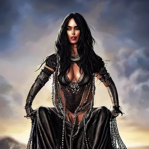 Image similar to a queen is sitting on her throne dressed in chains, looks like megan fox, beautiful highly detailed face, complementary lighting, backlit, black eyeshadow, grinning, adventure, dramatic lighting, landscape background, beautiful painting by artgerm and greg rutkowski and raymond swanland