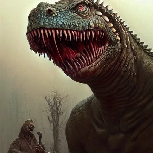 Image similar to vladimir putin, anthropomorphic bald prehistoric reptile, lizard putin, toothless, horror, macabre by donato giancola and greg rutkowski and wayne barlow and zdzisław beksinski, realistic face, digital art