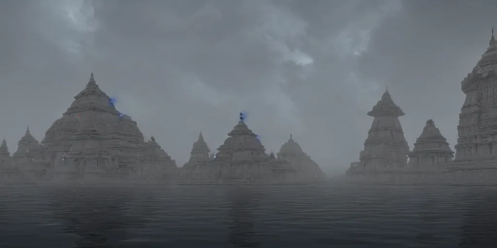 Prompt: futuristic floating sci fi cult temple made out of hindu temple like promotheus, foggy sky, around photorealism, unreal engine, 8 k, volumetric lighting, beeple style