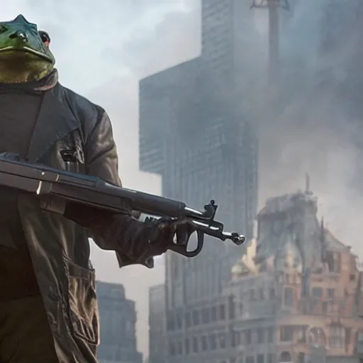 Prompt: a badass photo of frog mafia boss holding gun in marvel movie. nuri iyem, james gurney, james jean, greg rutkowski, anato finnstark, 2 7 mm