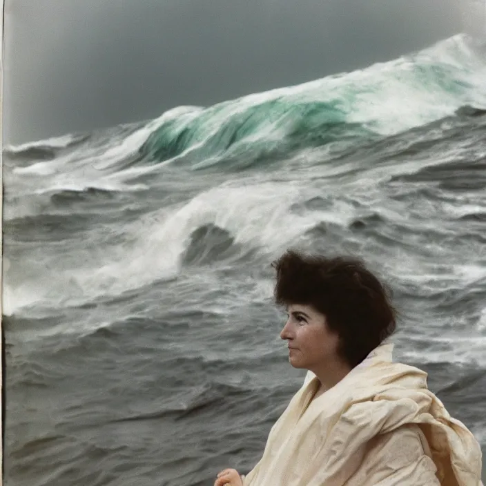 Prompt: a closeup portrait of a woman wearing wrapped in plastic, standing in front of a giant tsunami wave, color photograph, by john singer sargent, canon eos c 3 0 0, ƒ 1. 8, 3 5 mm, 8 k, medium - format print