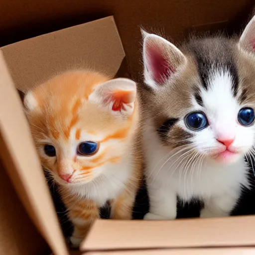 Image similar to a cardboard box, inside full of cute kittens