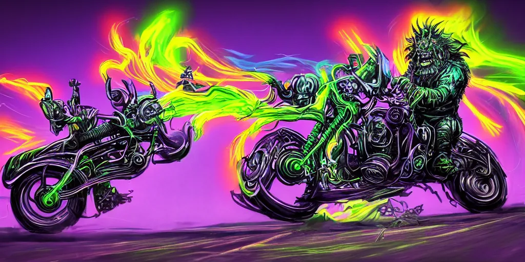 Prompt: psychedelic blacklight neon airbrush artwork, motorcycle, hyper stylized action shot of an orc popping a wheelie on a motorcycle, menacing orc, clear focused details, soft airbrushed artwork, black background, apocalyptic, cgsociety, artstation, peter lloyd art, peter palombi art