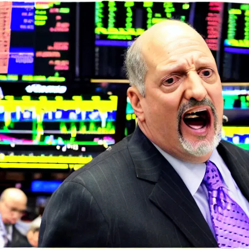 Prompt: Jim Cramer crying, stock market crashing in background