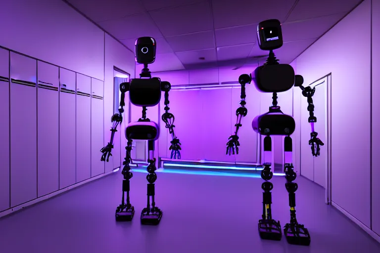 Image similar to full body robot picture, background is data server room, neon and dark, purple and blue color scheme, by dan mumford, global illumination ray tracing hdr render in unreal engine 5