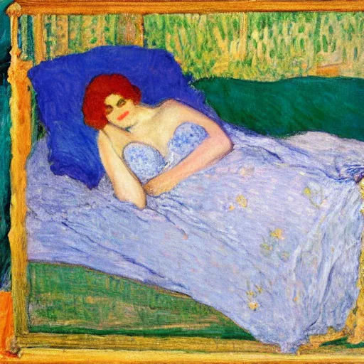 Prompt: woman - man clothed with blue dress laying on the bed, by pierre bonnard