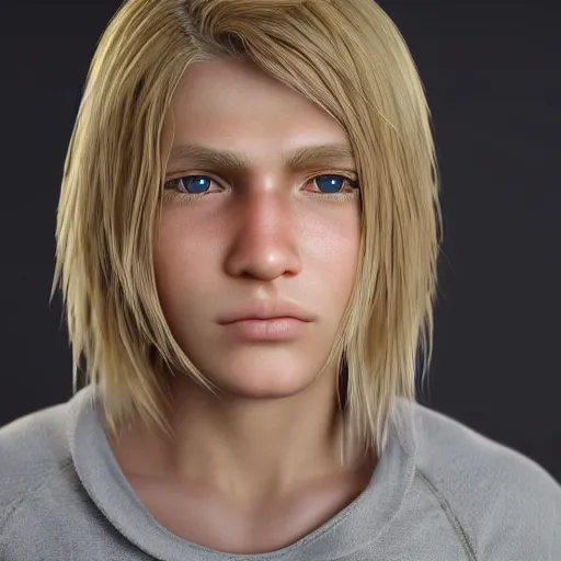 Image similar to detailed face of boy with blonde hair and brown eyes, unreal engine 5 rendered, incredibly highly detailed and realistic, 8 k, sharp focus, studio quality